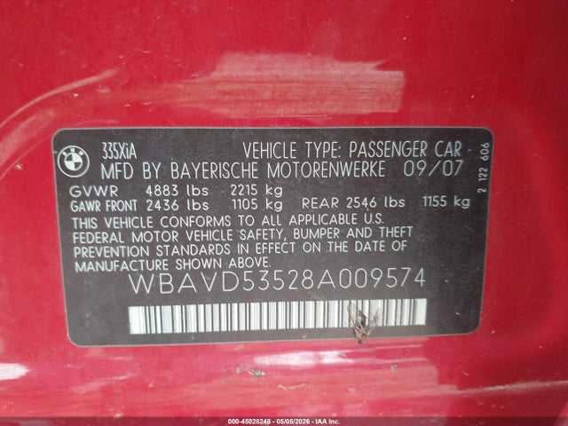 Aukcja sprzedaży 2008 Bmw 335xi, vin: WBAVD53528A009574, numer aukcji: 45028248