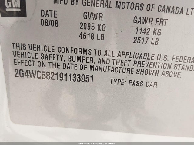 45028255 :رقم المزاد ، 2G4WC582191133951 vin ، 2009 Buick Lacrosse Cx مزاد بيع