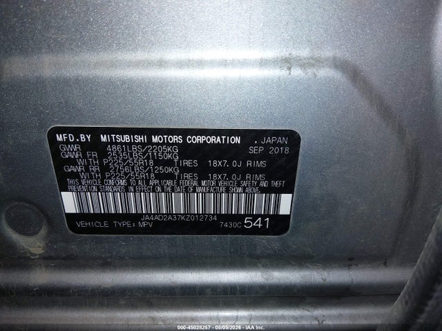 Продаж на аукціоні авто 2019 Mitsubishi Outlander Es, vin: JA4AD2A37KZ012734, номер лоту: 45028257