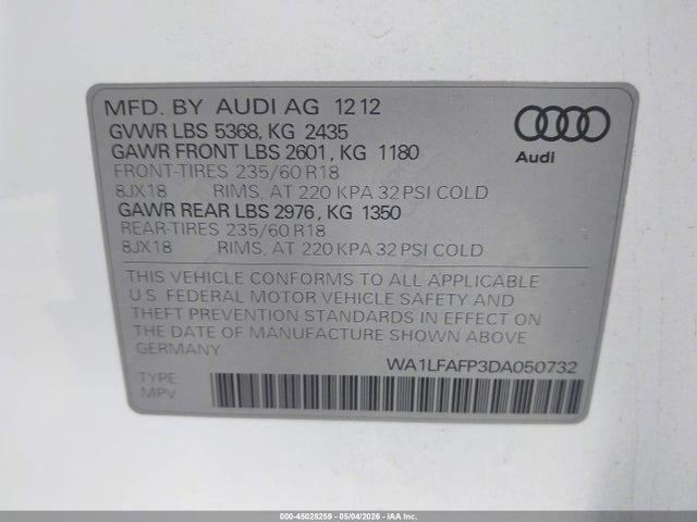Продажа на аукционе авто 2013 Audi Q5 2.0t Premium, vin: WA1LFAFP3DA050732, номер лота: 45028259