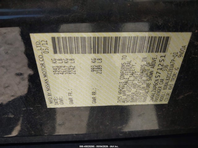Продаж на аукціоні авто 2012 Nissan Altima 2.5 S, vin: 1N4AL2AP6CN571251, номер лоту: 45028265