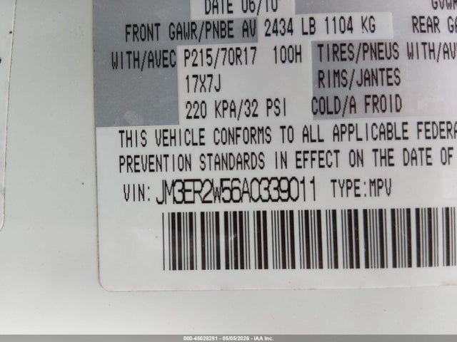 45028281 :رقم المزاد ، JM3ER2W56A0339011 vin ، 2010 Mazda Cx-7 I Sv مزاد بيع