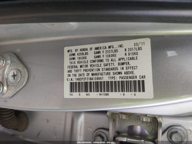 Продажа на аукционе авто 2011 Honda Accord 2.4 Lx, vin: 1HGCP2F31BA108647, номер лота: 45028282