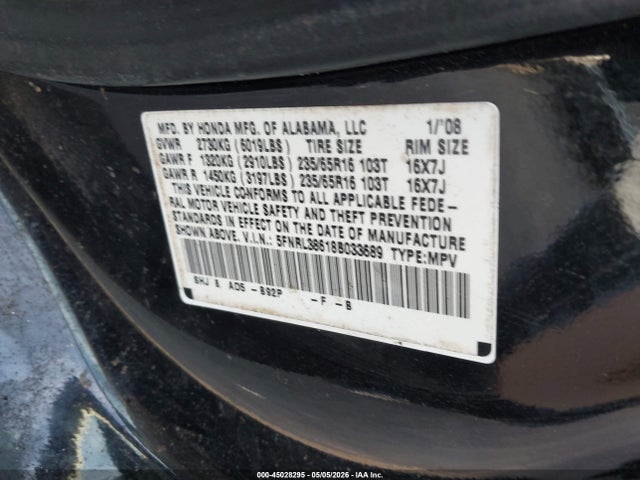Aukcja sprzedaży 2008 Honda Odyssey Ex-l, vin: 5FNRL38618B033689, numer aukcji: 45028295