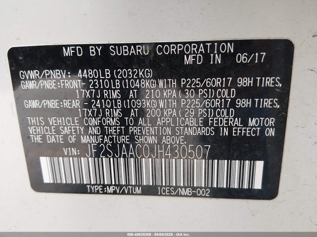 Aukcja sprzedaży 2018 Subaru Forester 2.5i, vin: JF2SJAAC0JH430507, numer aukcji: 45028309