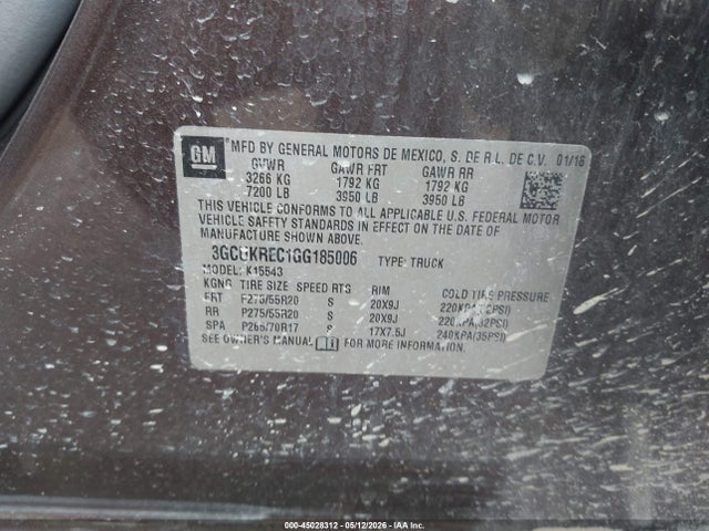 Продаж на аукціоні авто 2016 Chevrolet Silverado 1500 2lt, vin: 3GCUKREC1GG185006, номер лоту: 45028312