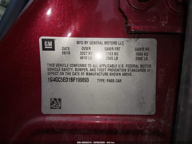 45028315 :رقم المزاد ، 1G4GC5ED1BF199893 vin ، 2011 Buick Lacrosse Cxl مزاد بيع