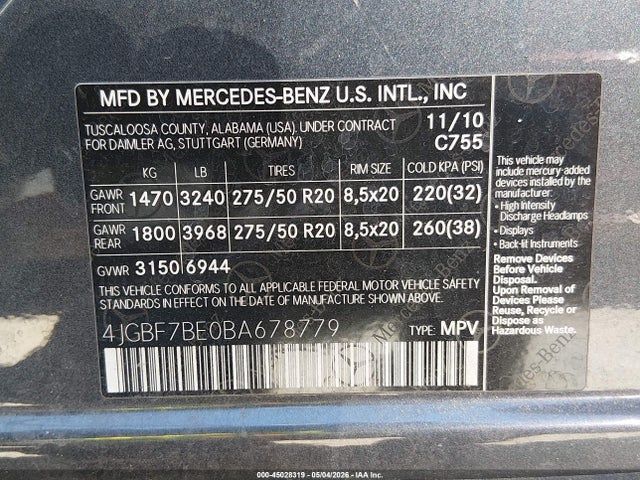 2011 Mercedes-benz Gl 450 4matic მანქანა იყიდება აუქციონზე, vin: 4JGBF7BE0BA678779, აუქციონის ნომერი: 45028319