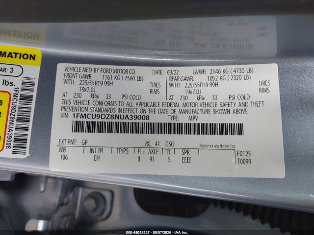 Aukcja sprzedaży 2022 Ford Escape Titanium Hybrid, vin: 1FMCU9DZ8NUA39008, numer aukcji: 45028327