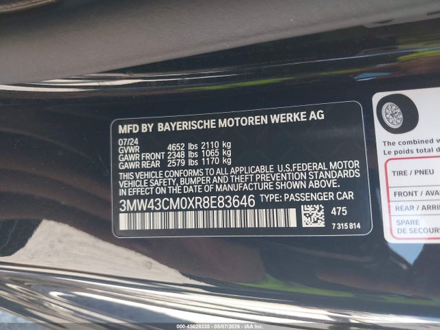 2024 Bmw M240 I მანქანა იყიდება აუქციონზე, vin: 3MW43CM0XR8E83646, აუქციონის ნომერი: 45028335