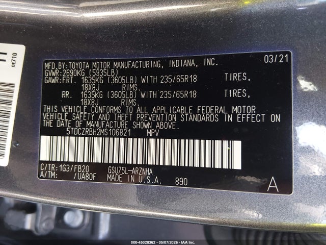 Продажа на аукционе авто 2021 Toyota Highlander L, vin: 5TDCZRBH2MS106821, номер лота: 45028362