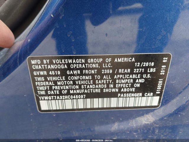Aukcja sprzedaży 2017 Volkswagen Passat 1.8t Se, vin: 1VWGT7A32HC045097, numer aukcji: 45028365