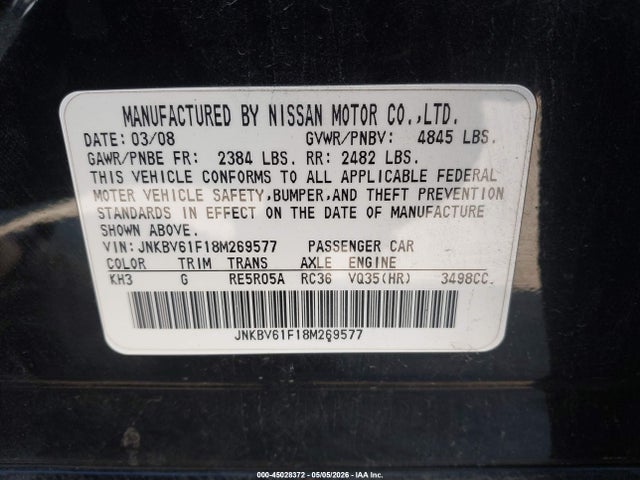 2008 Infiniti G35x მანქანა იყიდება აუქციონზე, vin: JNKBV61F18M269577, აუქციონის ნომერი: 45028372