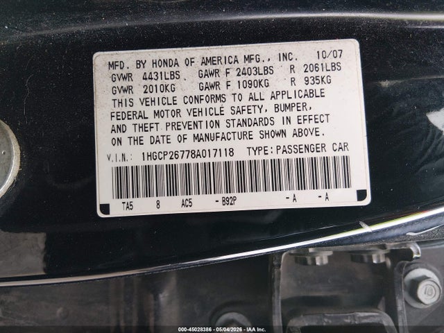 Aukcja sprzedaży 2008 Honda Accord 2.4 Ex, vin: 1HGCP26778A017118, numer aukcji: 45028386