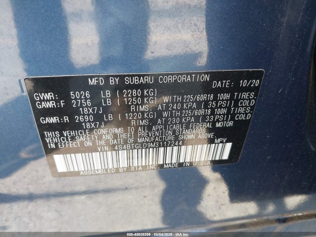 2021 Subaru Outback Onyx Edition Xt მანქანა იყიდება აუქციონზე, vin: 4S4BTGLD9M3117244, აუქციონის ნომერი: 45028399