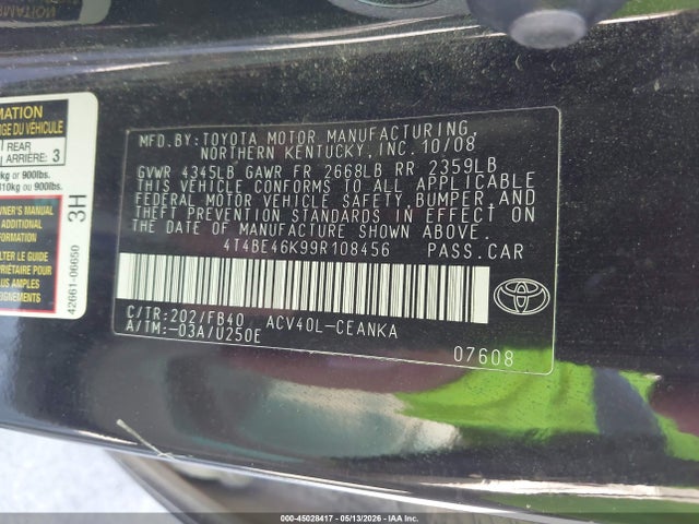 45028417 :رقم المزاد ، 4T4BE46K99R108456 vin ، 2009 Toyota Camry Le مزاد بيع
