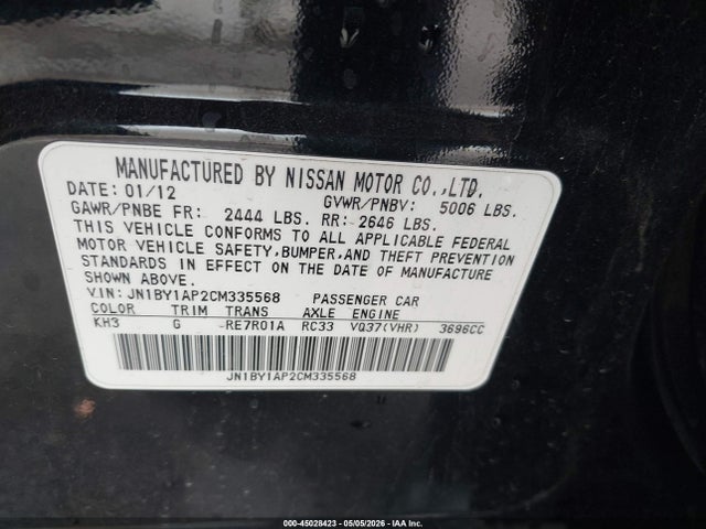 Aukcja sprzedaży 2012 Infiniti M37, vin: JN1BY1AP2CM335568, numer aukcji: 45028423