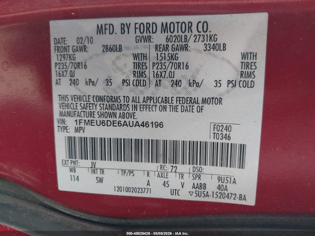 2010 Ford Explorer Xlt მანქანა იყიდება აუქციონზე, vin: 1FMEU6DE6AUA46196, აუქციონის ნომერი: 45028426