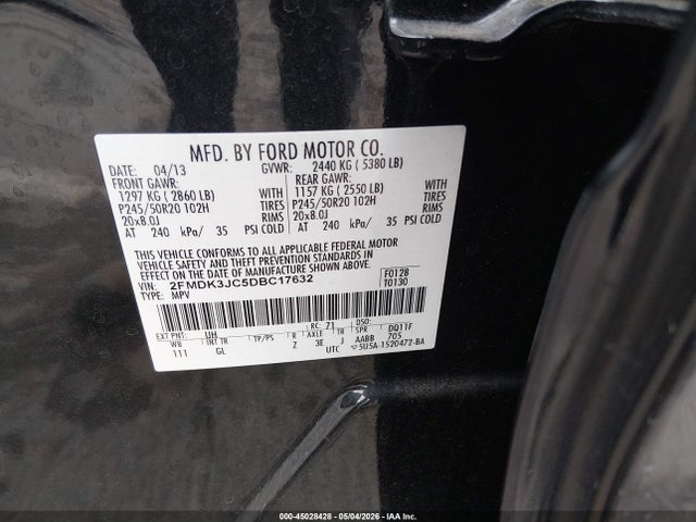 45028428 :رقم المزاد ، 2FMDK3JC5DBC17632 vin ، 2013 Ford Edge Sel مزاد بيع