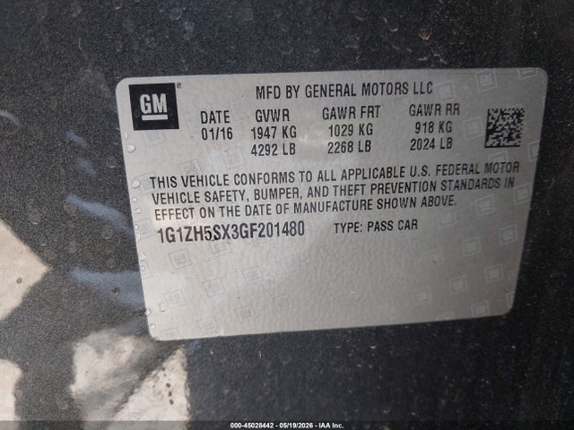 Aukcja sprzedaży 2016 Chevrolet Malibu Premier, vin: 1G1ZH5SX3GF201480, numer aukcji: 45028442