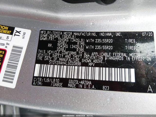 Продаж на аукціоні авто 2020 Toyota Highlander Limited, vin: 5TDYZRAH4LS020898, номер лоту: 45028454