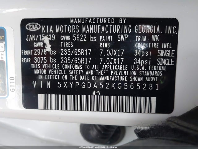 Продаж на аукціоні авто 2019 Kia Sorento 3.3l Lx, vin: 5XYPGDA52KG565231, номер лоту: 45028463