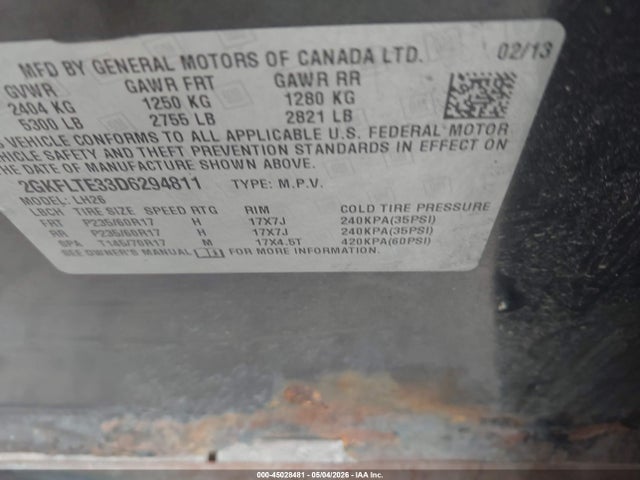 Aukcja sprzedaży 2013 Gmc Terrain Sle-2, vin: 2GKFLTE33D6294811, numer aukcji: 45028481