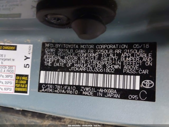 Продажа на аукционе авто 2018 Toyota Prius Three, vin: JTDKARFU3J3061802, номер лота: 45028492