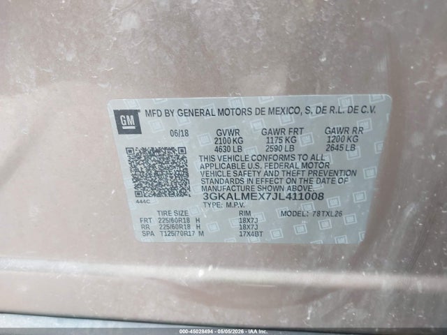 45028494 :رقم المزاد ، 3GKALMEX7JL411008 vin ، 2018 Gmc Terrain Sle مزاد بيع