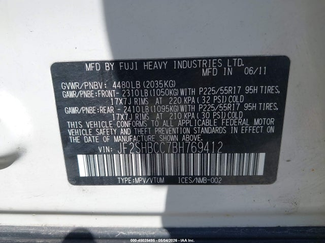2011 Subaru Forester 2.5x Premium მანქანა იყიდება აუქციონზე, vin: JF2SHBCC7BH769412, აუქციონის ნომერი: 45028495