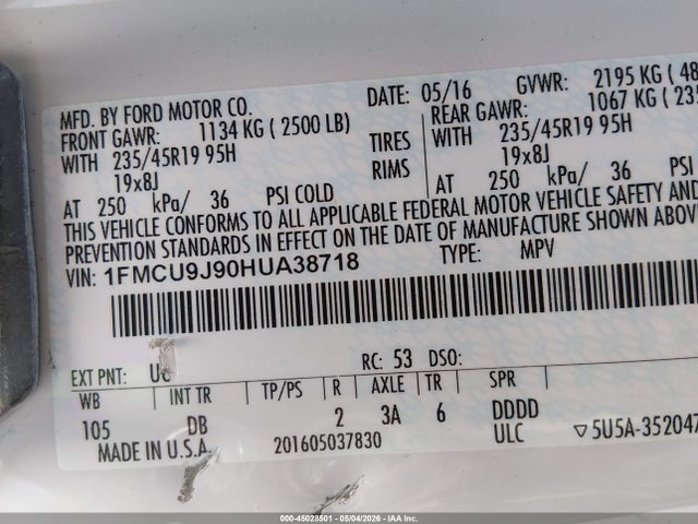 2017 Ford Escape Titanium მანქანა იყიდება აუქციონზე, vin: 1FMCU9J90HUA38718, აუქციონის ნომერი: 45028501