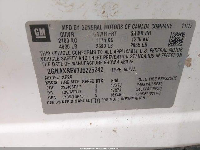 2018 Chevrolet Equinox Lt მანქანა იყიდება აუქციონზე, vin: 2GNAXSEV7J6225242, აუქციონის ნომერი: 45028510