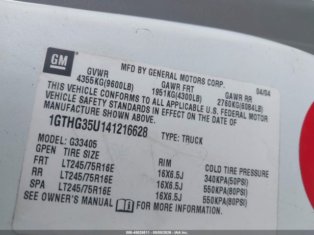 Продажа на аукционе авто 2004 Gmc Savana Standard, vin: 1GTHG35U141216628, номер лота: 45028511