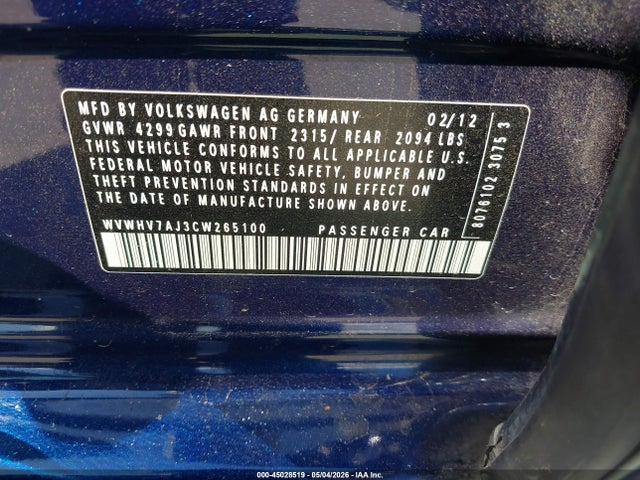 45028519 :رقم المزاد ، WVWHV7AJ3CW265100 vin ، 2012 Volkswagen Gti 4-door مزاد بيع