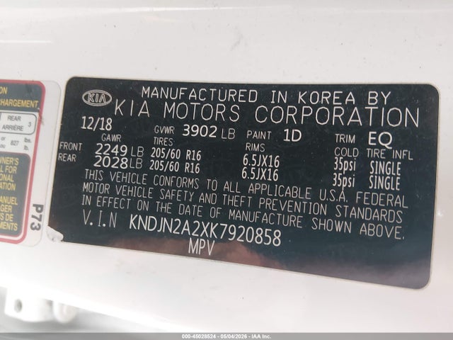Aukcja sprzedaży 2019 Kia Soul, vin: KNDJN2A2XK7920858, numer aukcji: 45028524