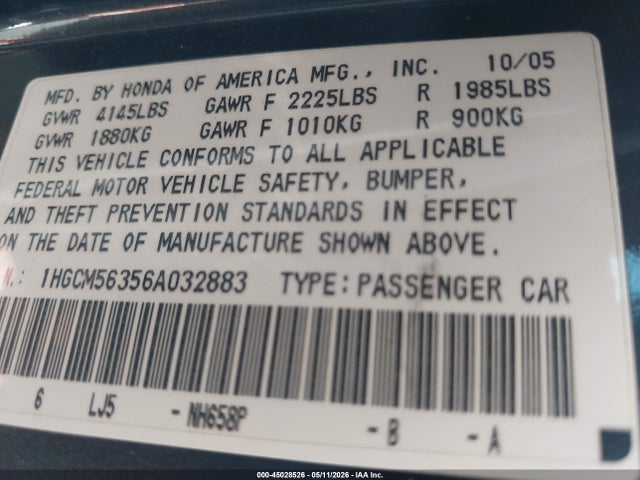45028526 :رقم المزاد ، 1HGCM56356A032883 vin ، 2006 Honda Accord 2.4 Se مزاد بيع
