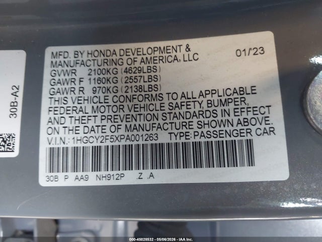 Продаж на аукціоні авто 2023 Honda Accord Hybrid Sport, vin: 1HGCY2F5XPA001263, номер лоту: 45028532