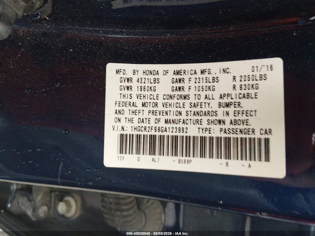 Продажа на аукционе авто 2016 Honda Accord Ex-l, vin: 1HGCR2F98GA123992, номер лота: 45028540