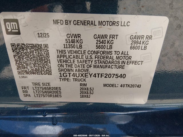 Продажа на аукционе авто 2026 Gmc Sierra 2500hd, vin: 1GT4UXEY4TF207540, номер лота: 45028546