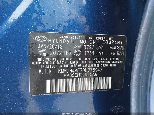 45028549 :رقم المزاد ، KMHDH4AE7DU778947 vin ، 2013 Hyundai Elantra Gls مزاد بيع