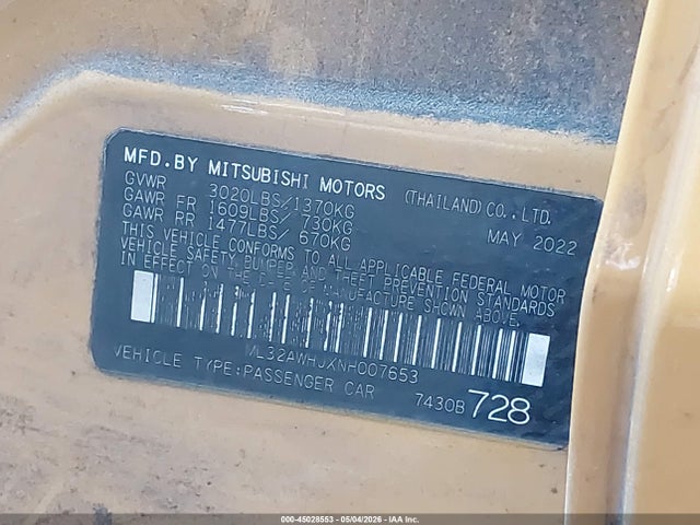 Aukcja sprzedaży 2022 Mitsubishi Mirage Black Edition/se, vin: ML32AWHJXNH007653, numer aukcji: 45028553