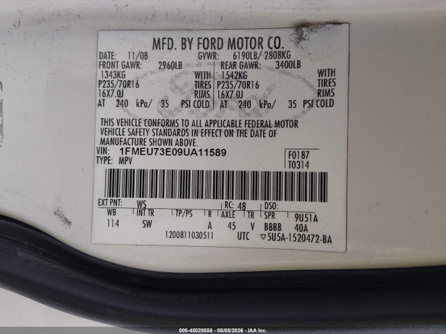 Aukcja sprzedaży 2009 Ford Explorer Xlt, vin: 1FMEU73E09UA11589, numer aukcji: 45028558