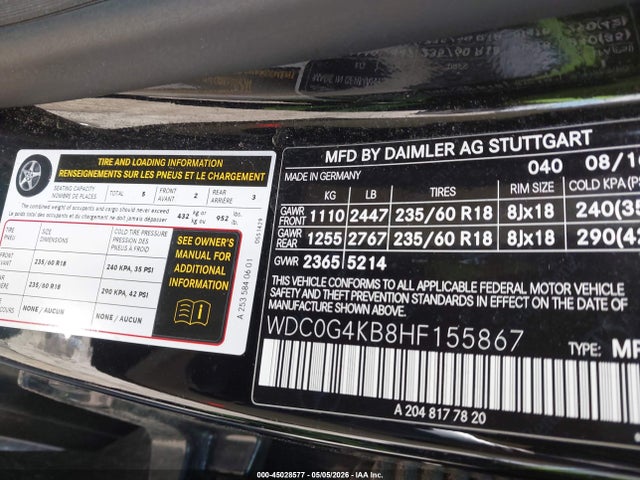 Auction sale of the 2017 Mercedes-benz Glc 300 4matic, vin: WDC0G4KB8HF155867, lot number: 45028577