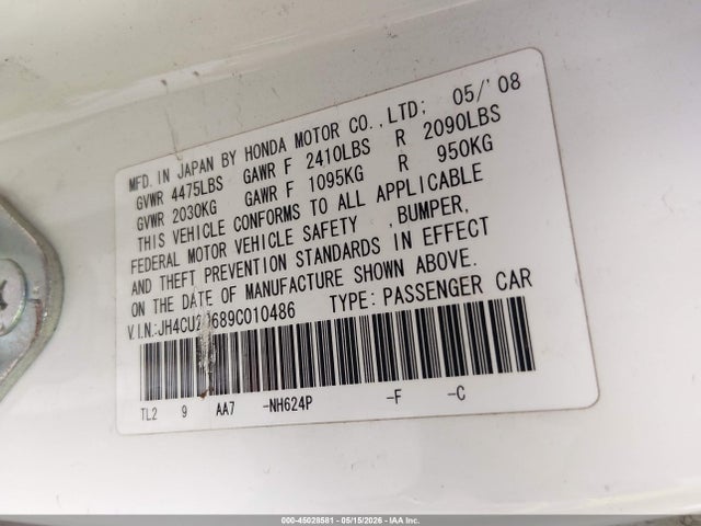 Aukcja sprzedaży 2009 Acura Tsx, vin: JH4CU26689C010486, numer aukcji: 45028581