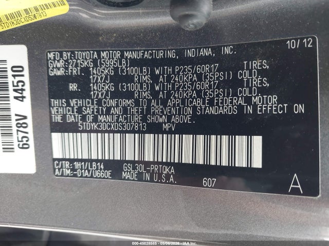 Aukcja sprzedaży 2013 Toyota Sienna Xle V6 8 Passenger, vin: 5TDYK3DCXDS307813, numer aukcji: 45028585