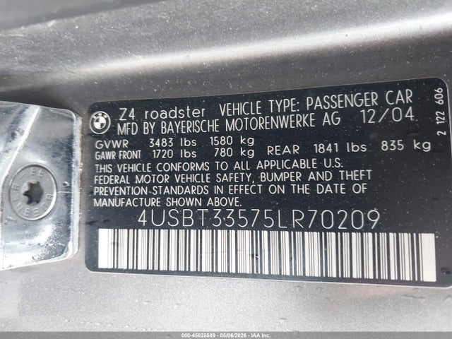 45028589 :رقم المزاد ، 4USBT33575LR70209 vin ، 2005 Bmw Z4 2.5i مزاد بيع