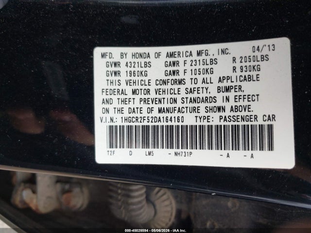 2013 Honda Accord Sport მანქანა იყიდება აუქციონზე, vin: 1HGCR2F52DA164160, აუქციონის ნომერი: 45028594