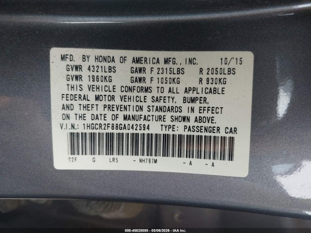 Продаж на аукціоні авто 2016 Honda Accord Ex-l, vin: 1HGCR2F88GA042594, номер лоту: 45028595