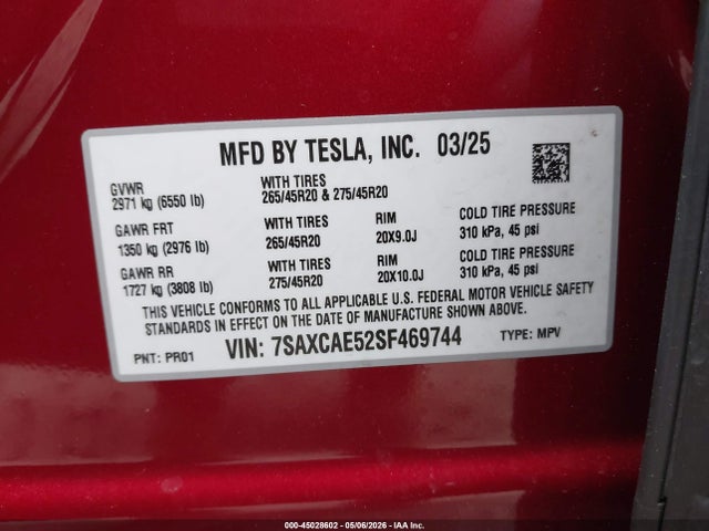 45028602 :رقم المزاد ، 7SAXCAE52SF469744 vin ، 2025 Tesla Model X Long Range مزاد بيع