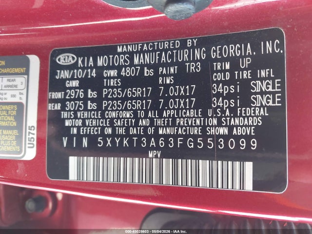 45028603 :رقم المزاد ، 5XYKT3A63FG553099 vin ، 2015 Kia Sorento Lx مزاد بيع